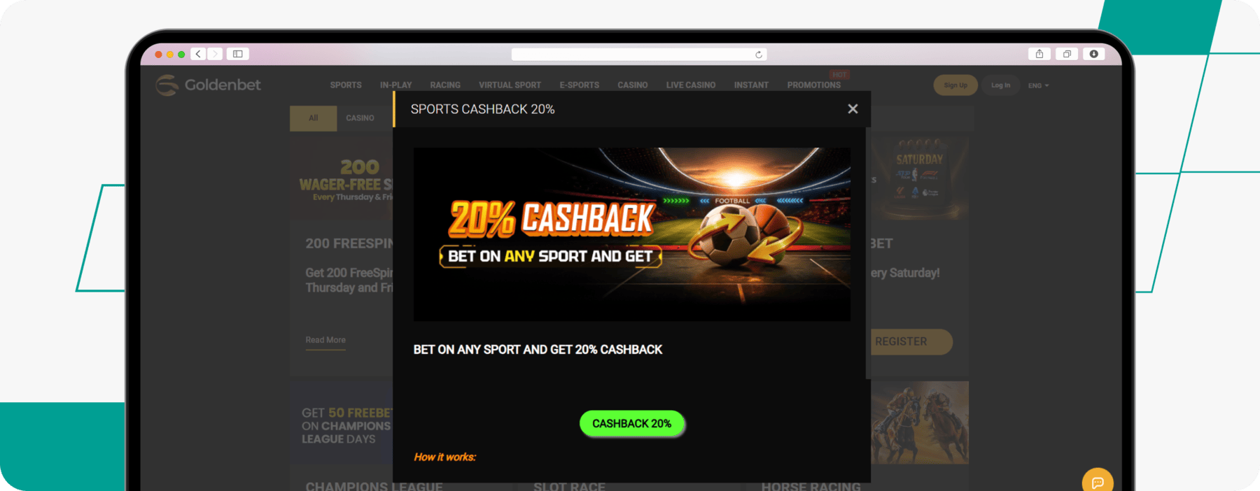screenshot of goldenbet sports cashback offer