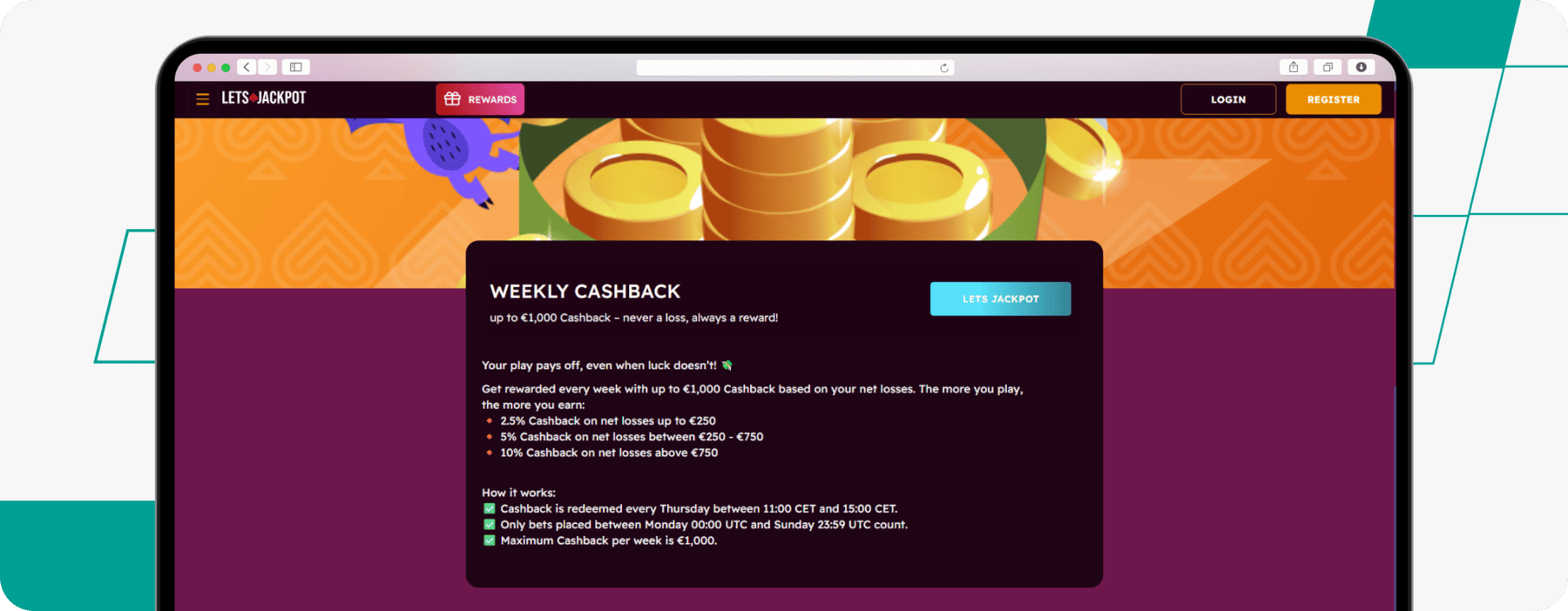 screenshot of letsjackpot weekly cashback offer