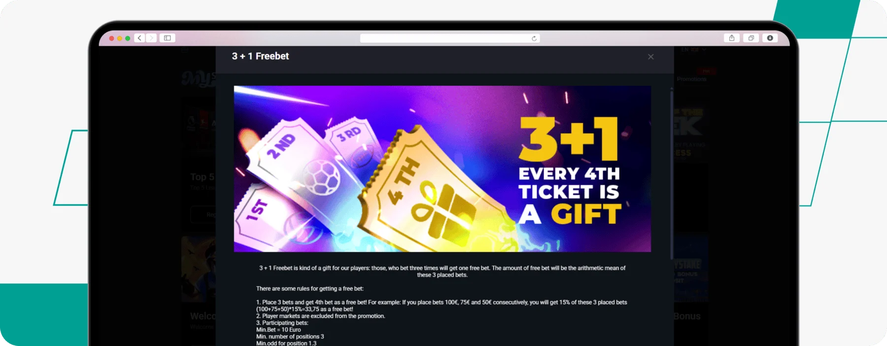 screenshot of mystake 3 + 1 freebet offer
