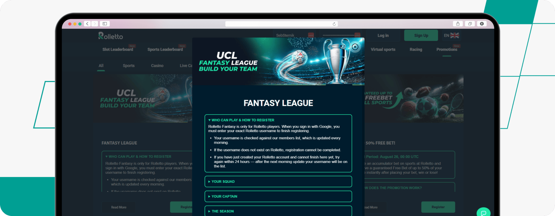 screenshot of rolletto fantasy league page