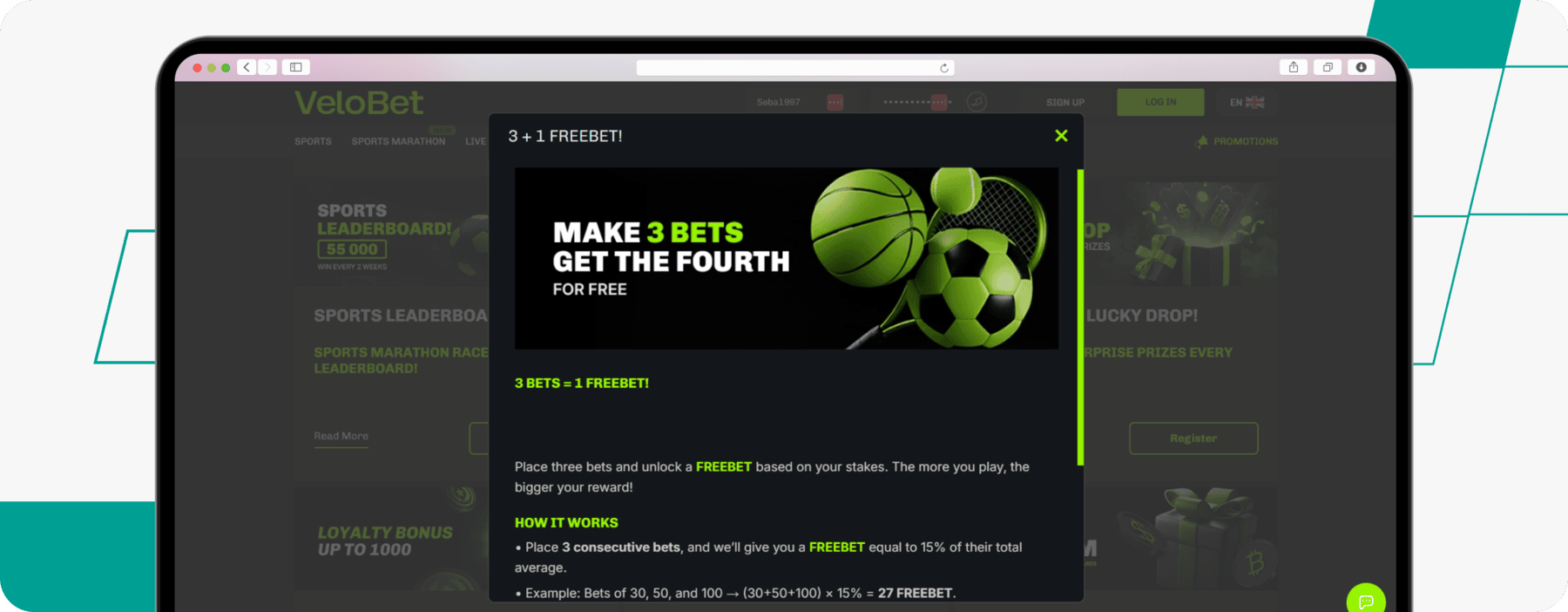screenshot of velobet 3 + 1 freebet offer