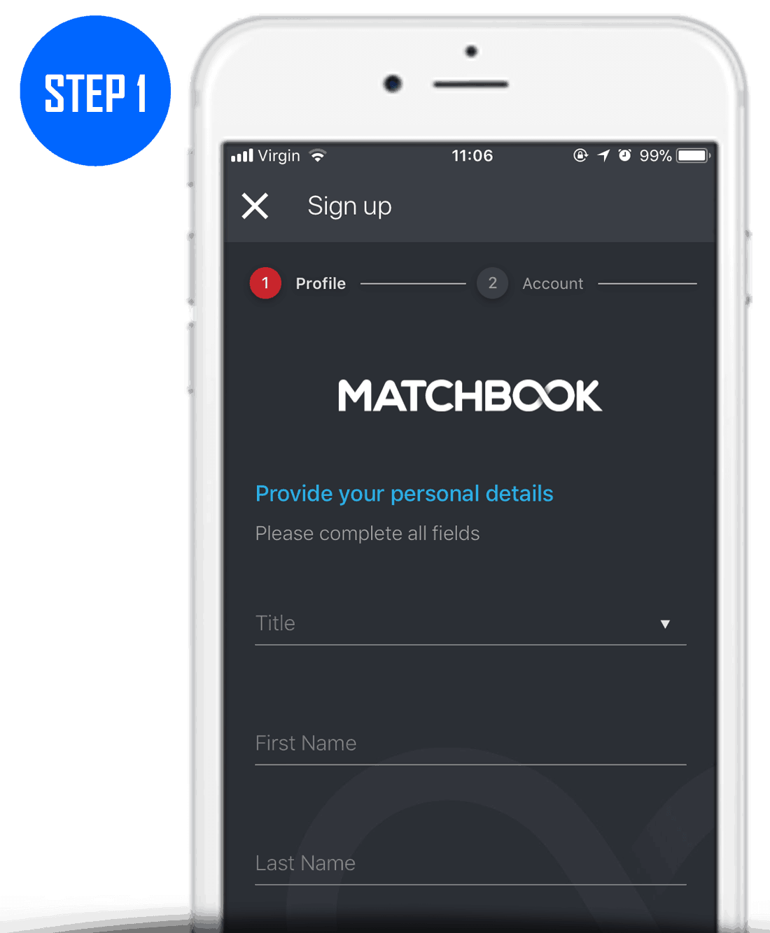 Matchbook Sign Up Process Step 1