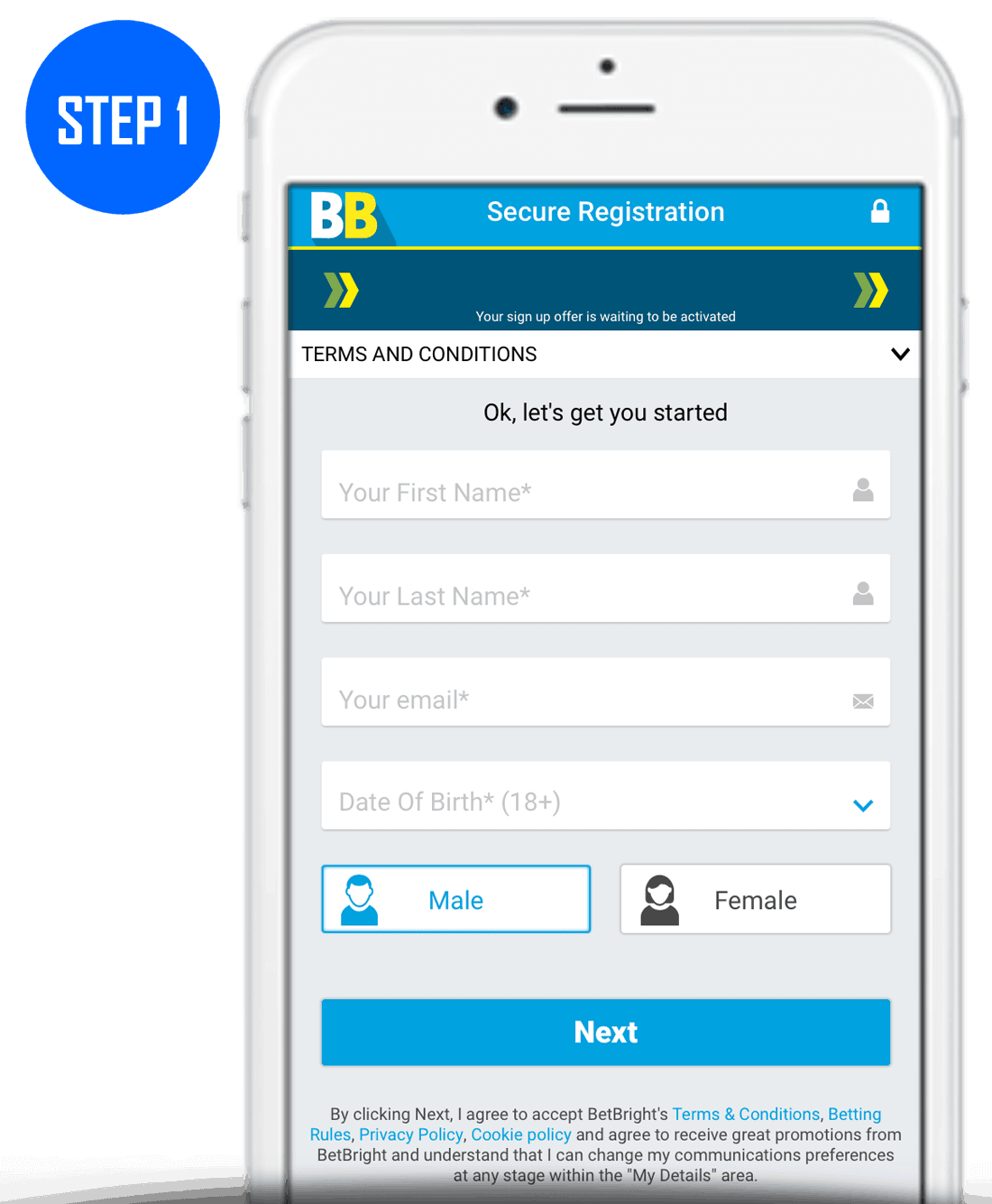 BetBright Sign Up Process Step 1