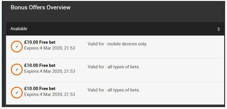 Bonus Offers Overview showing list of promotions and their expiry dates
