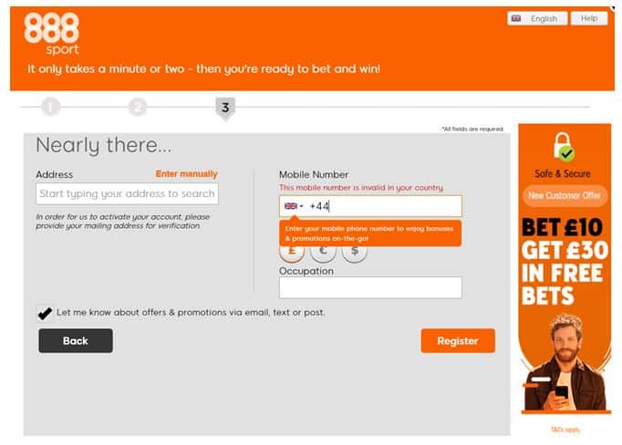 888sport registration form showing address and mobile number fields