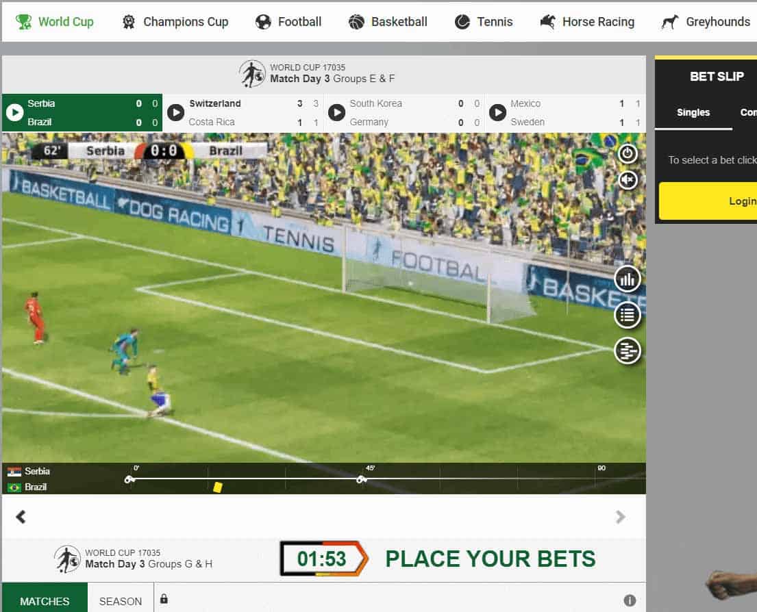 screenshot of virtual football betting at unibet