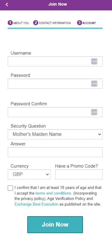 BETDAQ Registration Screenshot