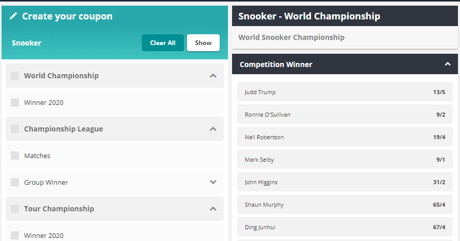 Create your coupon and Snooker World Championship odds displayed at Novibet