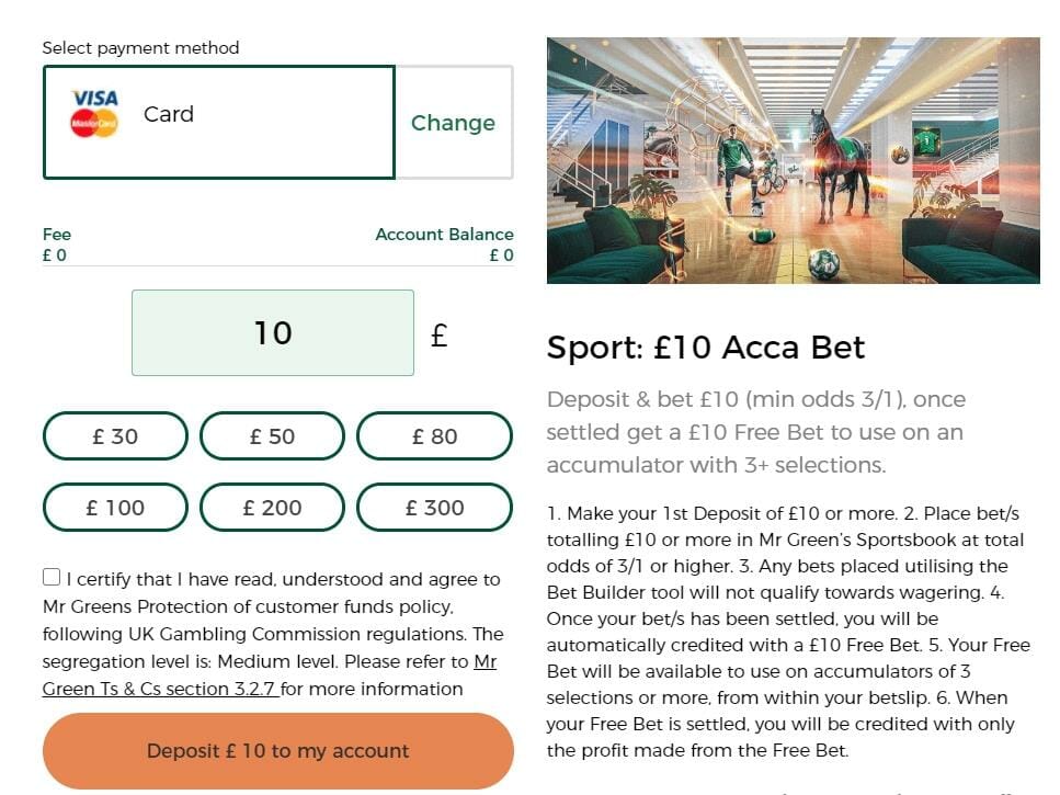 £10 deposit made on Mr Green