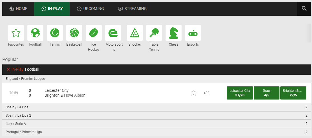 In play football betting markets on Unibet with odds displayed