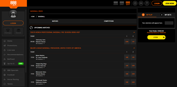 888sport Baseball Betting page