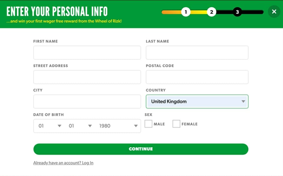 Rizk registration page screenshot