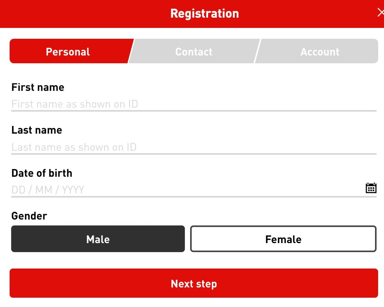 Virgin Bet Registration Screenshot
