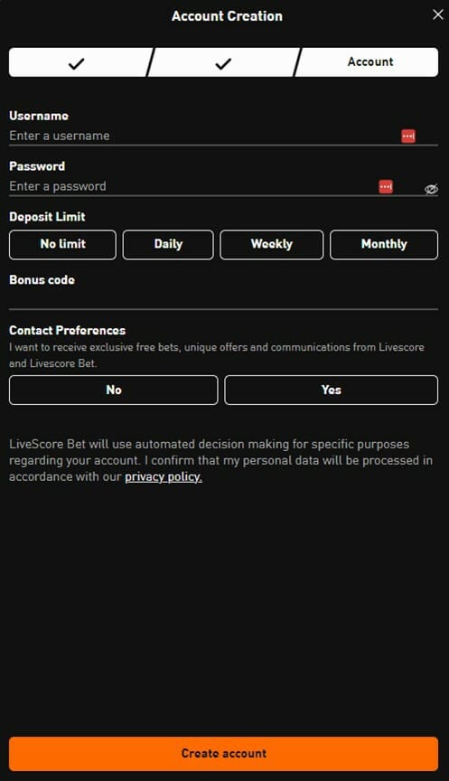 LiveScore Bet account creation page screenshot
