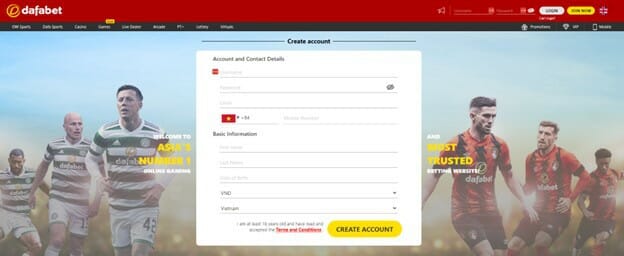 Dafabet Registration Page Screenshot