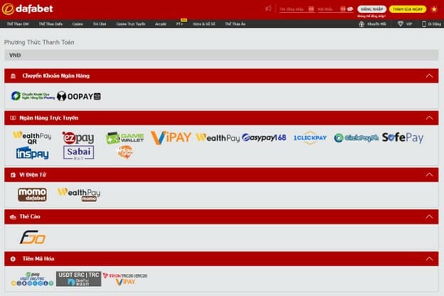 Dafabet Vietnam Payment Methods Screenshot